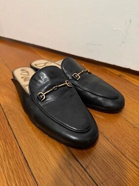 Sam Edelman Black Leather Slip-On Loafer Mules with Gold Bit Hardware - Womens